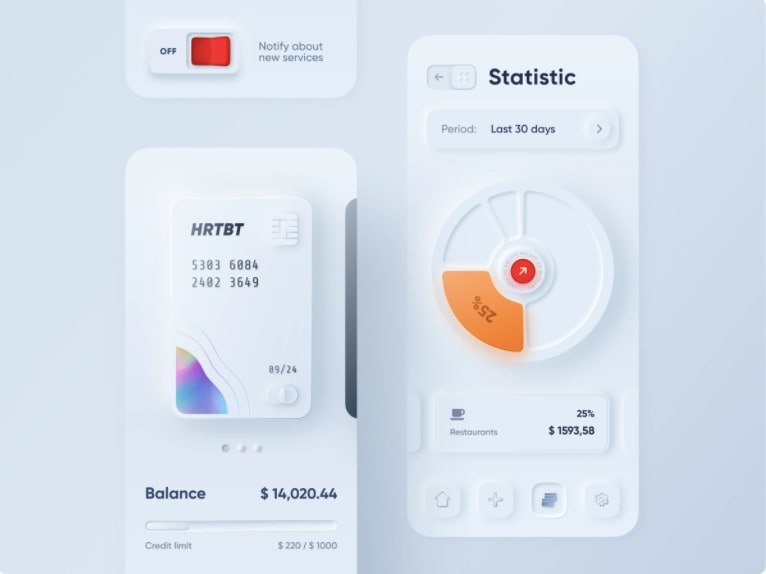 Alexander Plyuto's design for a mobile banking app — the start of neumorphic design.