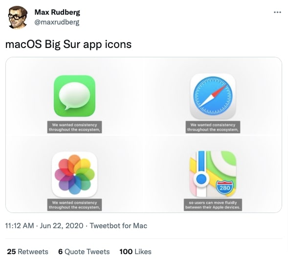 A tweet by Max Rudberg showing off the macOS Big Sur app icons.