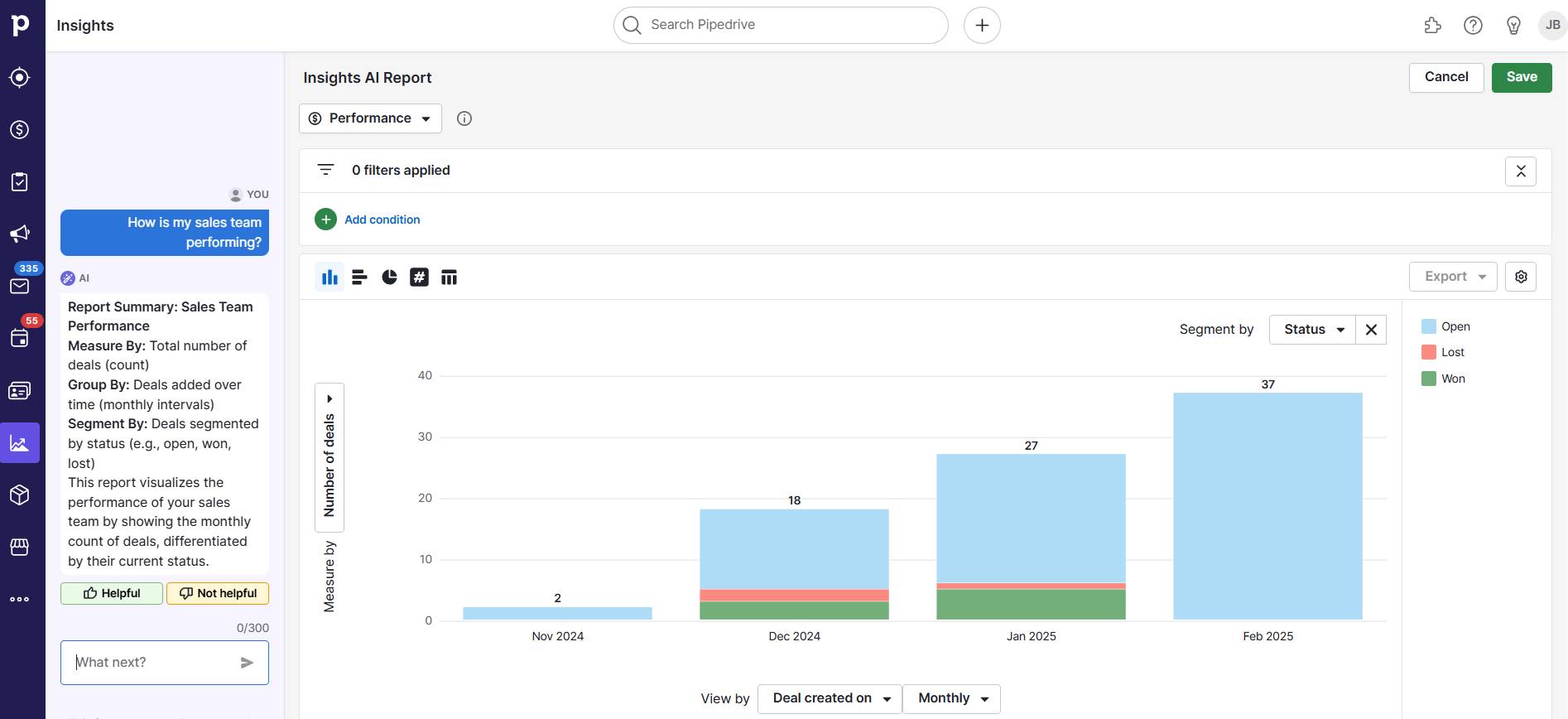 Pipedrive vs. Pipeline CRM AI report generator