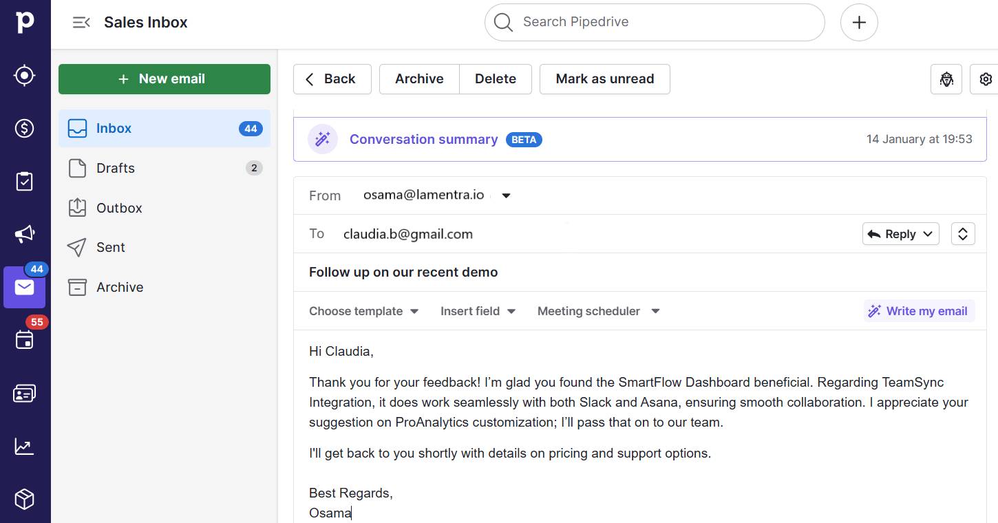 Inbound recruiting Pipedrive AI email writer