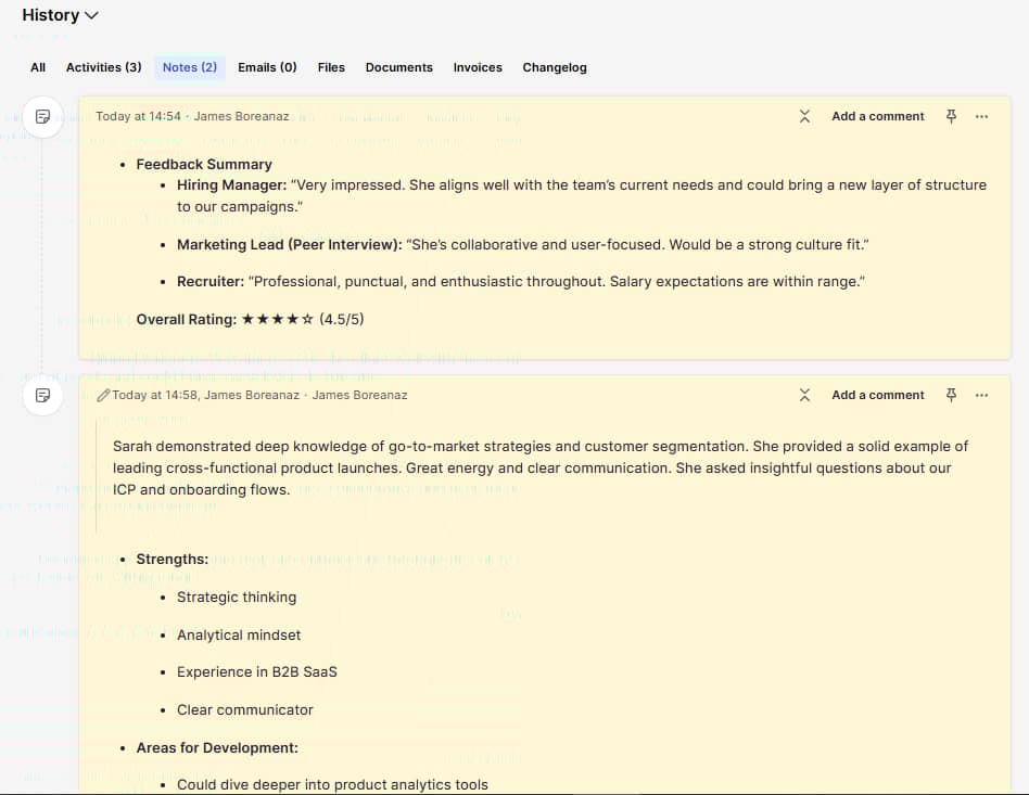 Inbound recruiting Pipedrive deal detail view - notes