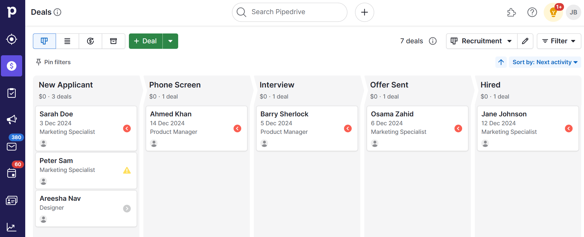Inbound recruiting Pipedrive pipeline