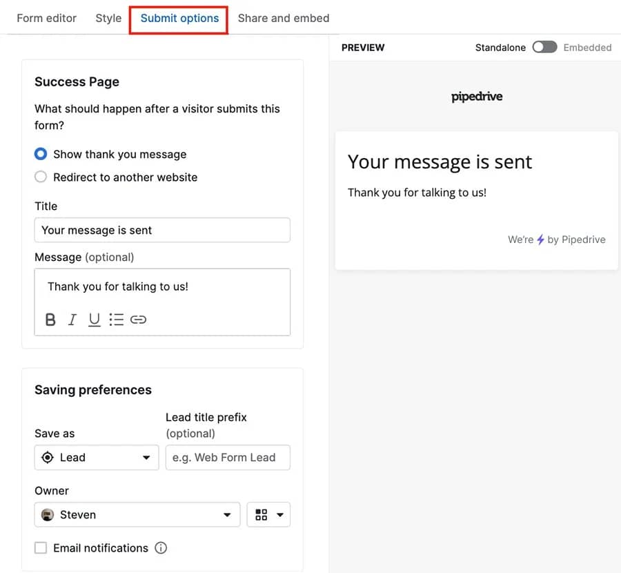 Marketing research Pipedrive form editor