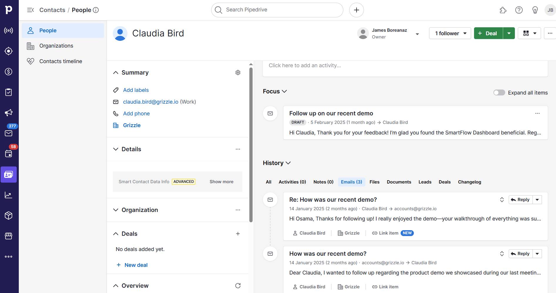Pipedrive vs. Pipeline CRM Pipedrive detail view