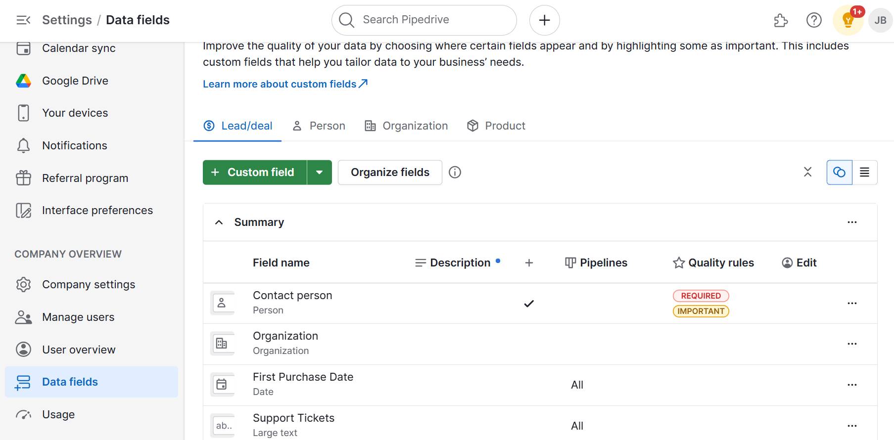 360 customer view Pipedrive custom fields