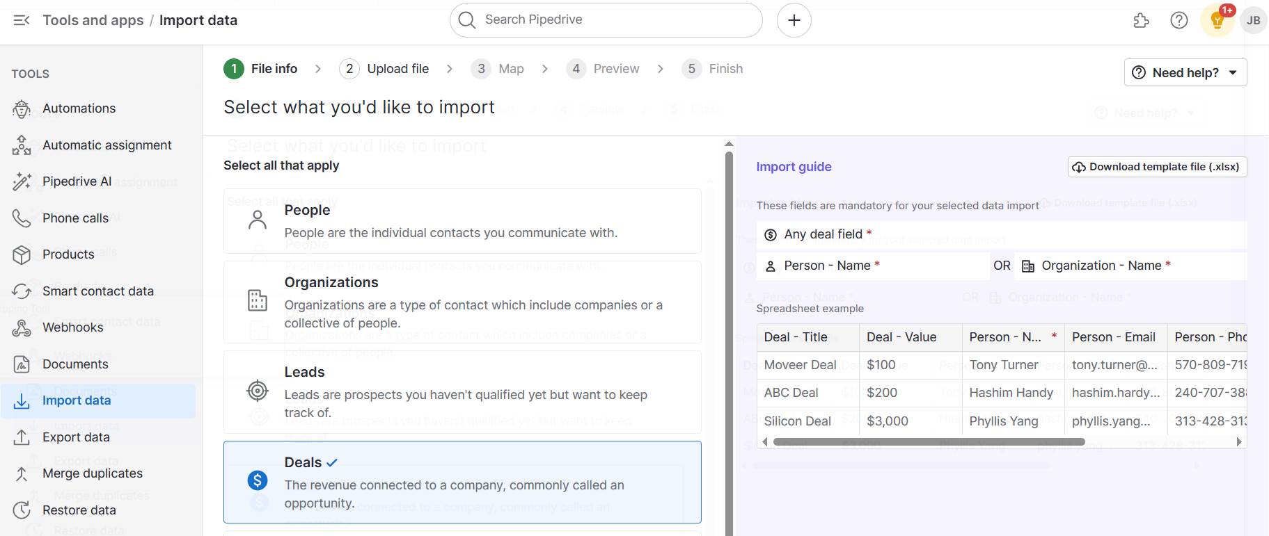 360 customer view Pipedrive import data