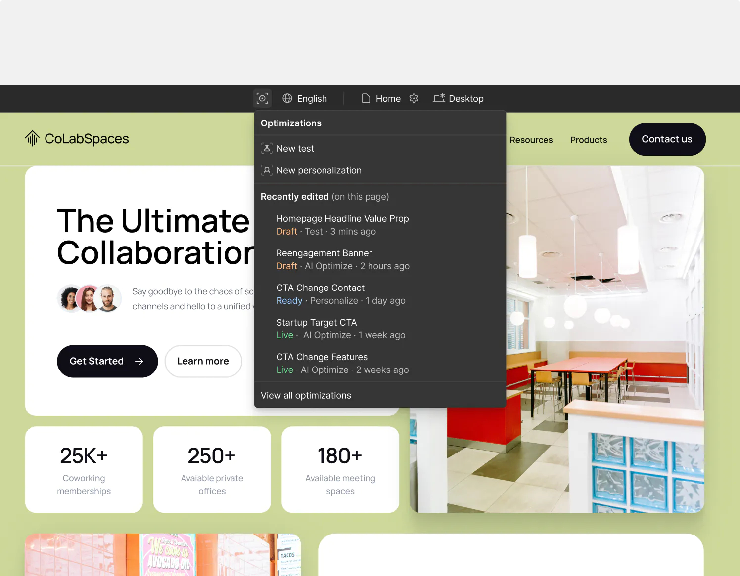 A screenshot of Webflow Optimize showing a dropdown menu of optimization experiments for a website called