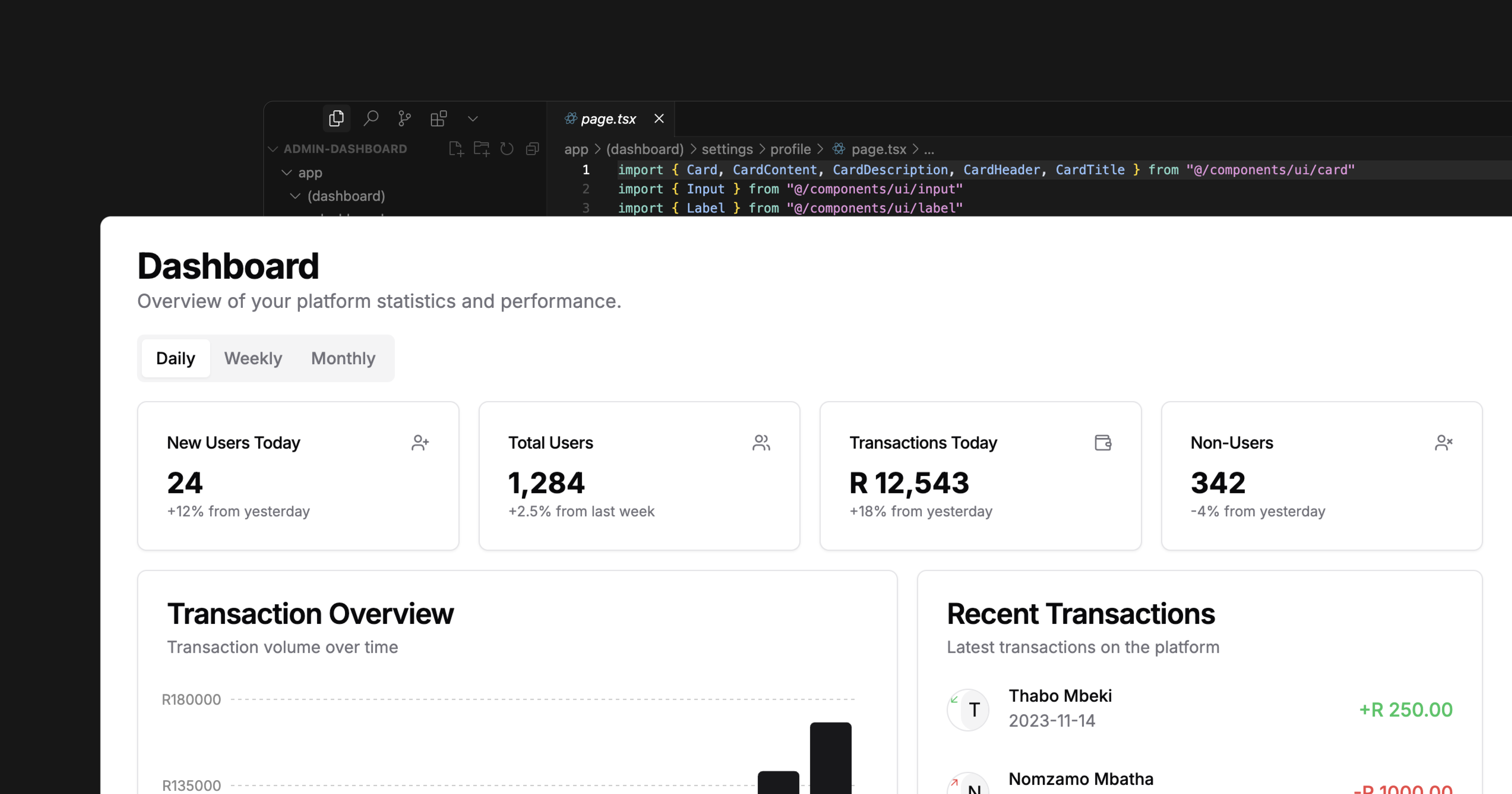 A platform dashboard displaying an overview of statistics and performance metrics.
