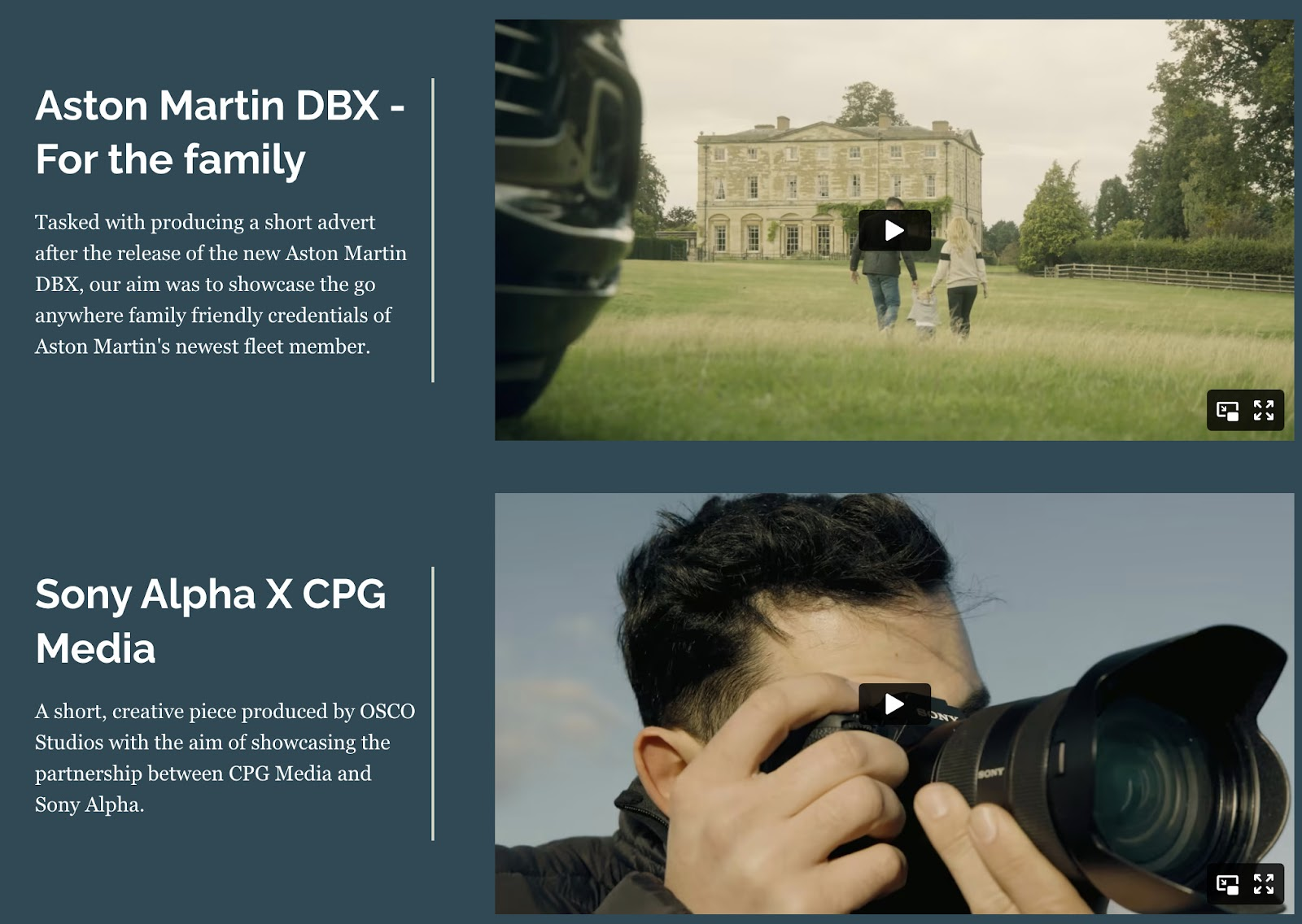 Portfolio showcase from a creative agency featuring two video projects. The top project shows