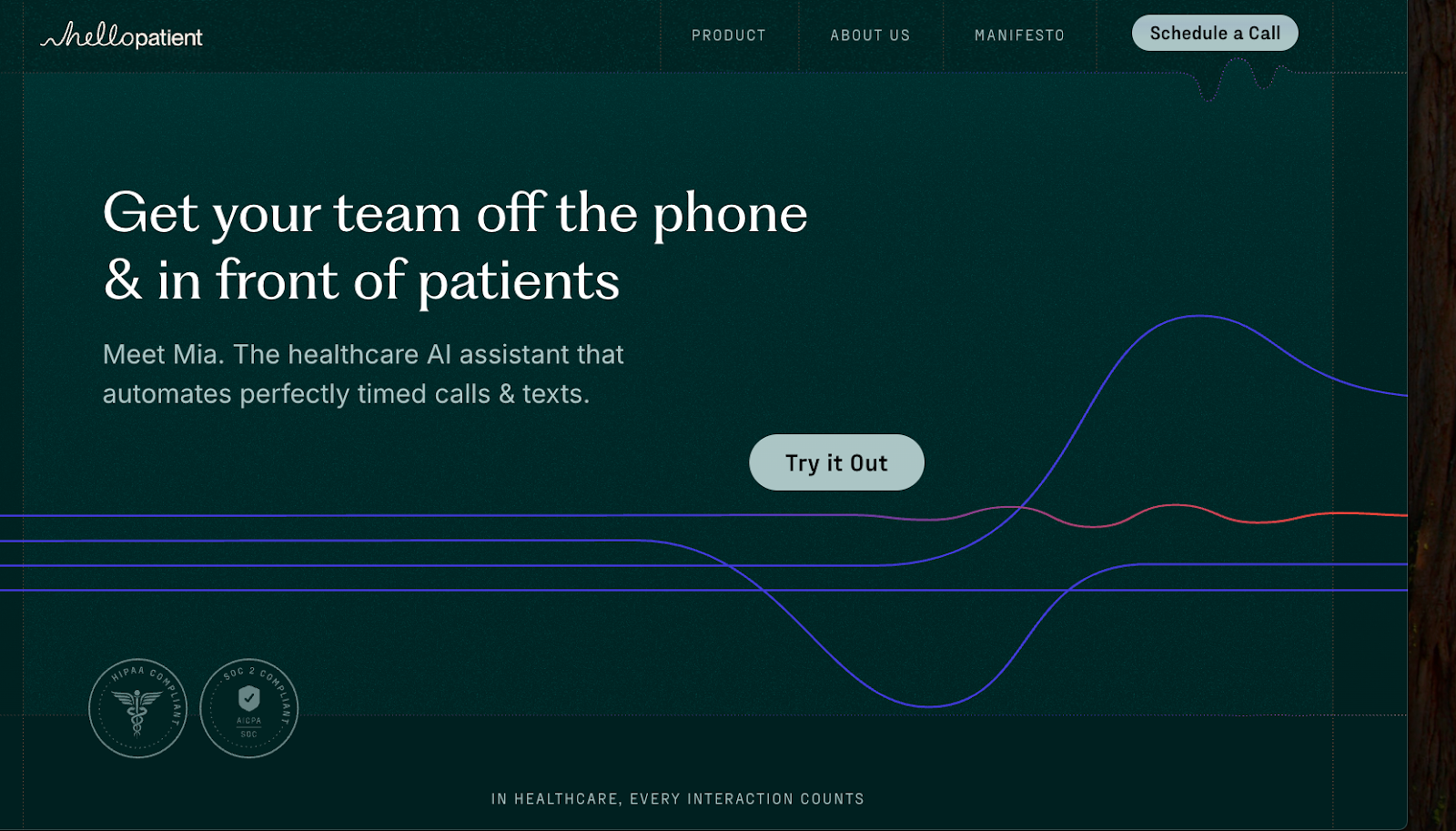 Screenshot of HelloPatient website homepage with a dark teal background. The header features the HelloPatient logo and navigation menu with options for Product, About Us, Manifesto, and a