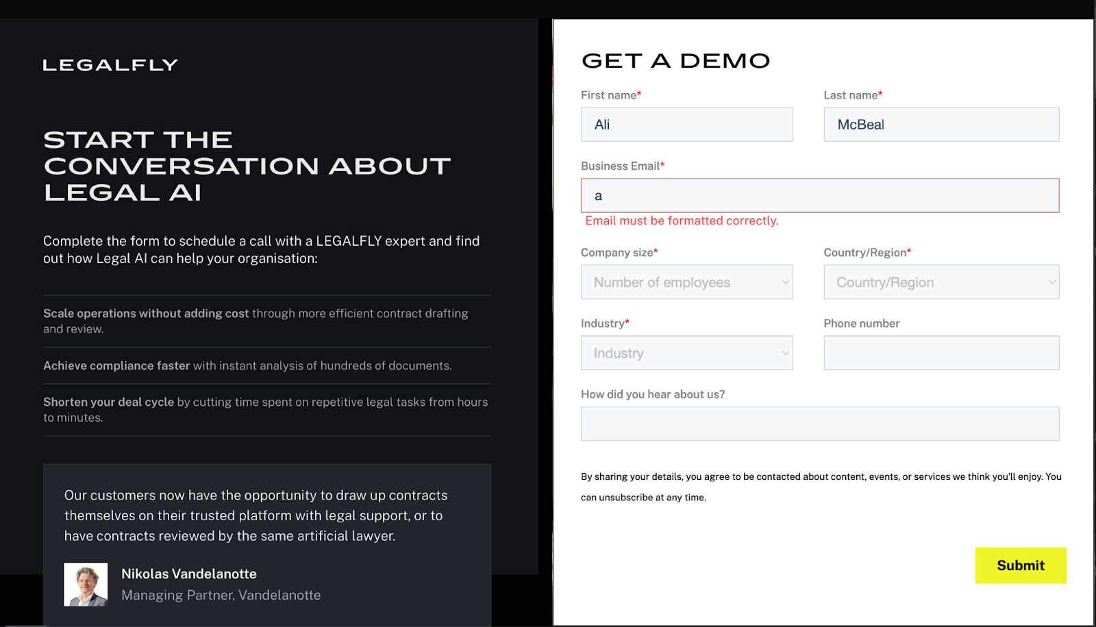 Screenshot of LEGALFLY's demo request page with a split design. The left side has a black background with