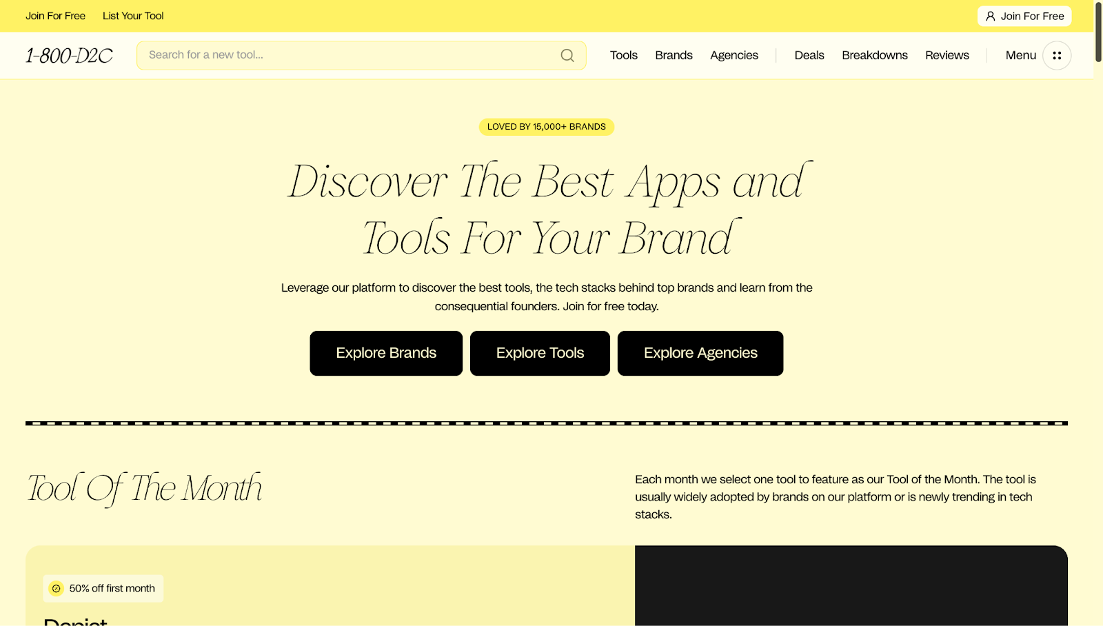 A screenshot with the text, “Discover The Best Apps and Tools For Your Brand,” with a pastel yellow background and black buttons and text.