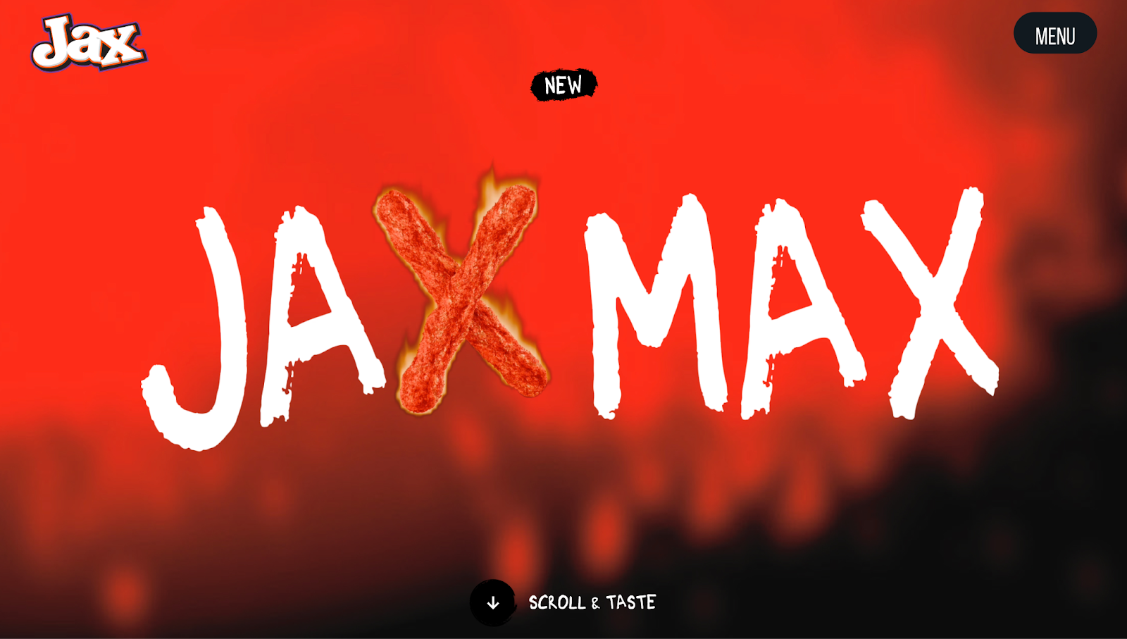 A screenshot showing Jax Snacks’ website with the text “JAX MAX” against a fiery red background with one “X” stylized using two flaming chips.
