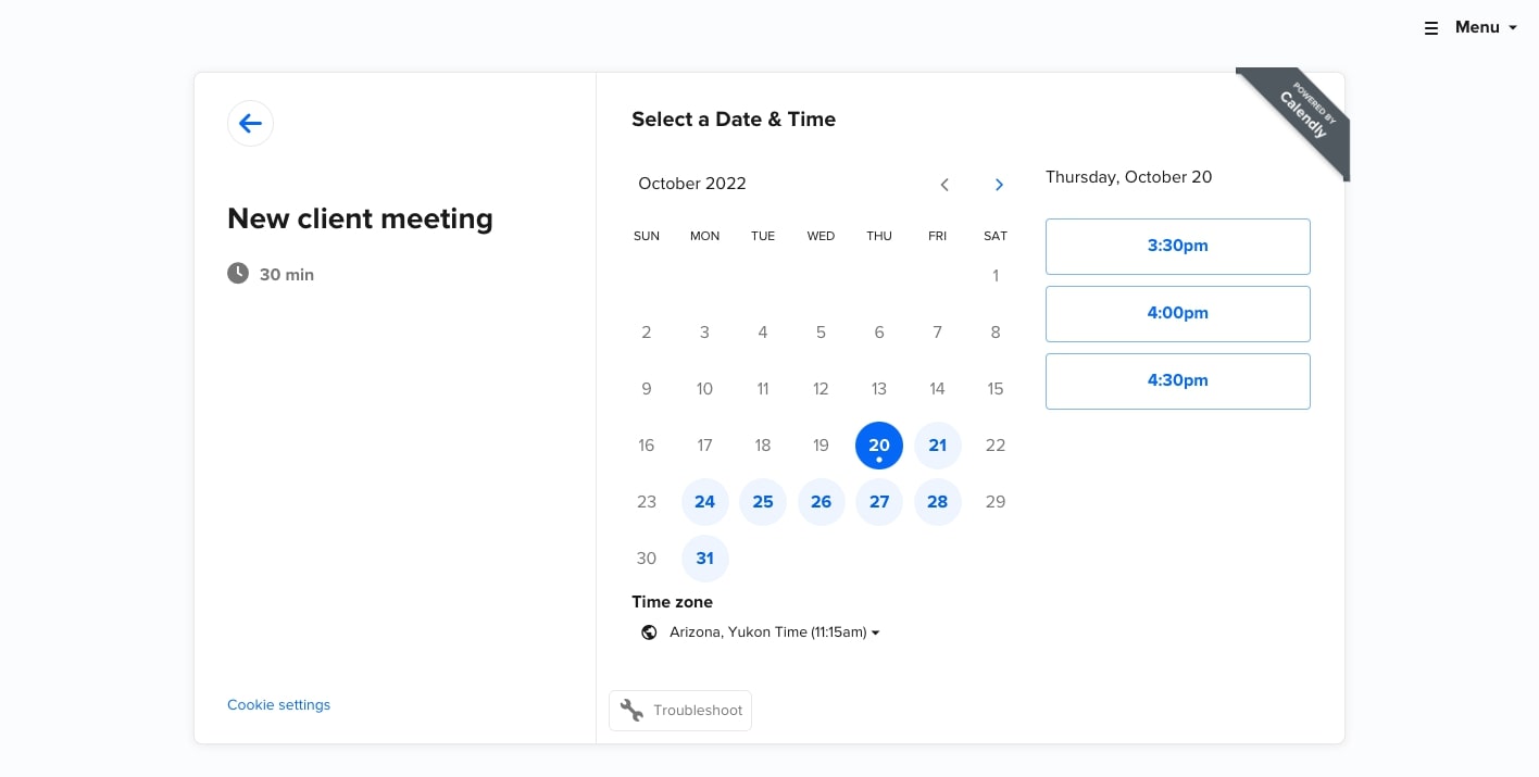 Calendly full month calendar view, showing available time slots for a 30 minute meeting