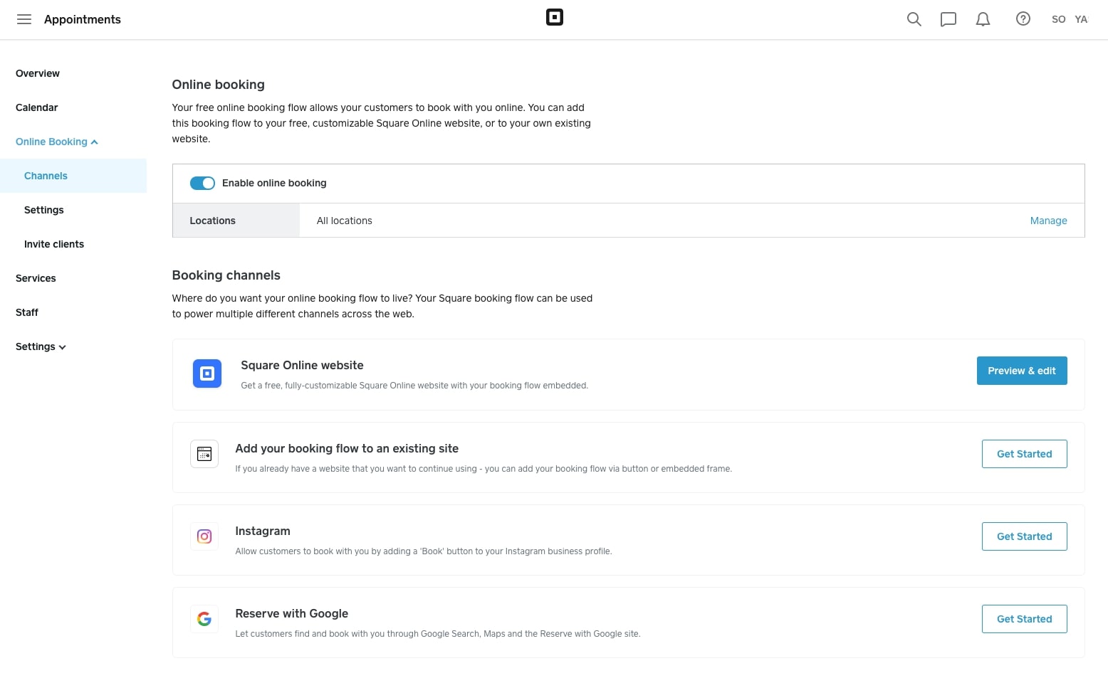 Square Appointments, Online Booking view with options to add online booking to a website, social media channels, and google search