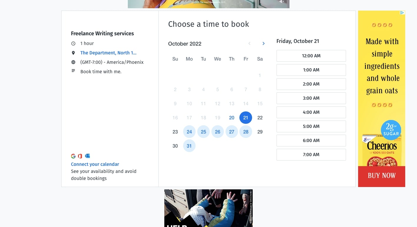Free Doodle account view, showing a full month view with available time slots for a 1 hour meeting