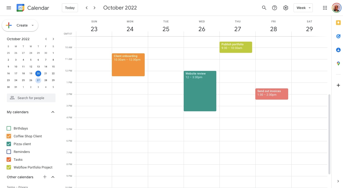 Google Calendar week view showing appointments in different colors.
