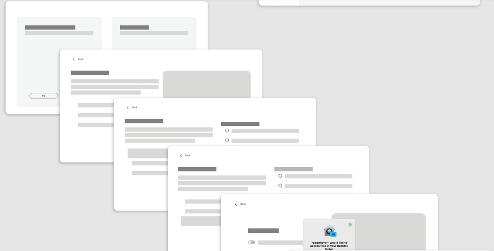 Cascading windows show some mid-fidelity wireframes with simple shapes indicating where all the design elements belong.