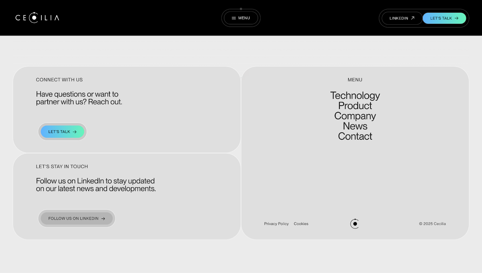 A screenshot of Cecilia Energy’s website footer with gray UI cards and black text.