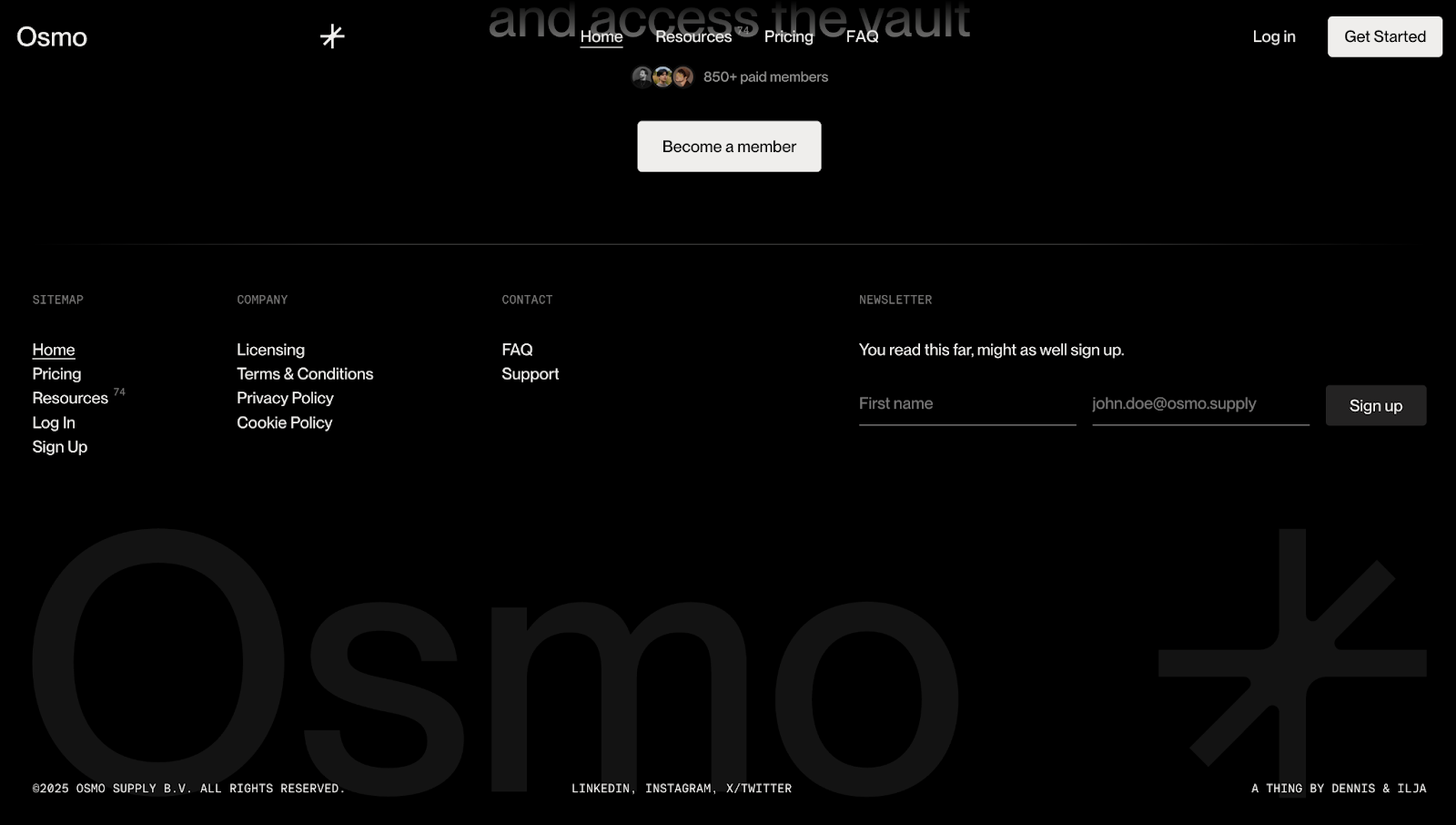 A screenshot of Osmo’s website footer with a black-and-white theme.