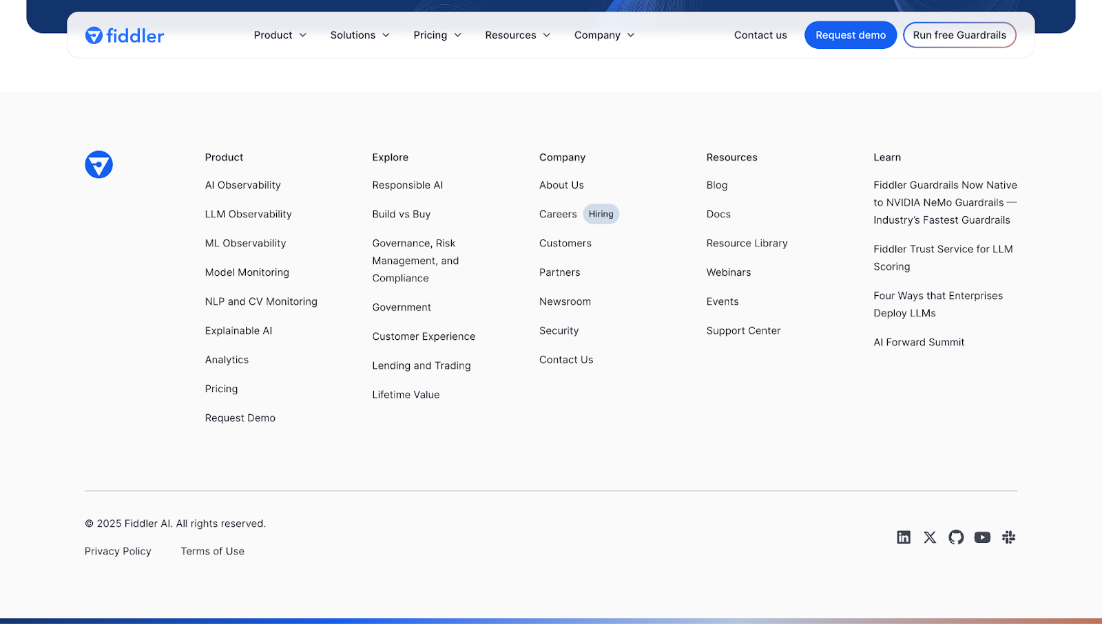 A screenshot of Fiddler’s website footer showing a grid-style layout with columns for different categories.