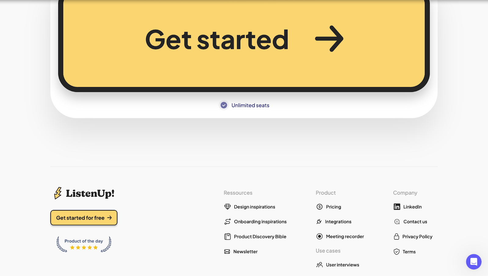 A screenshot of ListenUp!’s website footer with a large yellow “Get started for free” CTA and resource links.