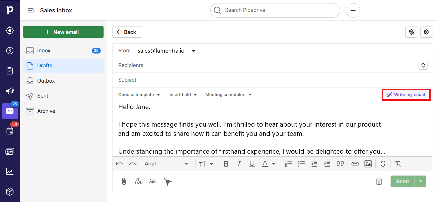 AI digital marketing Pipedrive email writer