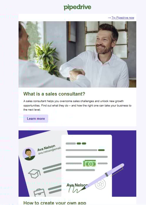 B2B content marketing Pipedrive email newsletter example