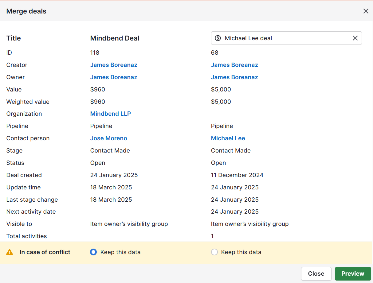 Pipedrive manually merge duplicates