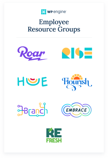 WP Engine's employee resource groups' logos for Roar, Rise, Hue, Flourish, Branch, Embrace, and Refresh