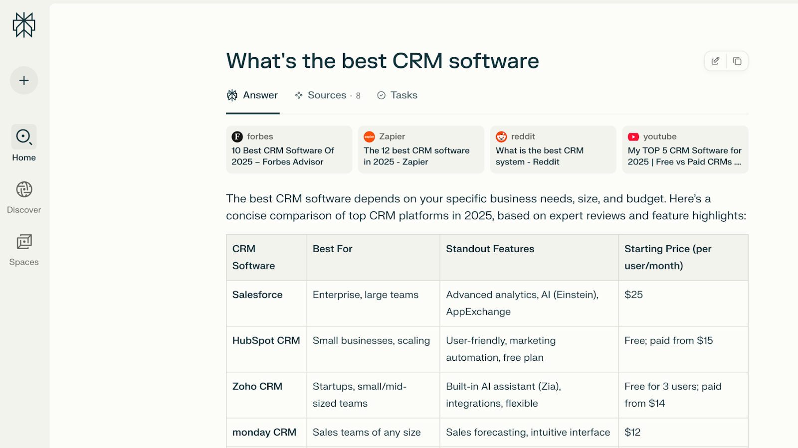Screenshot of Perplexity.ai's website, showing a content comparison in a table, rather than paragraph format.