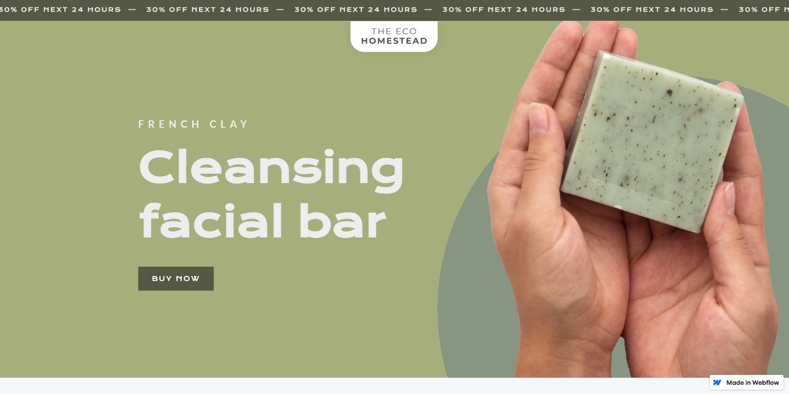 The Eco Homestead homepage begins with a promo for their French Clay Cleaning facial bar.