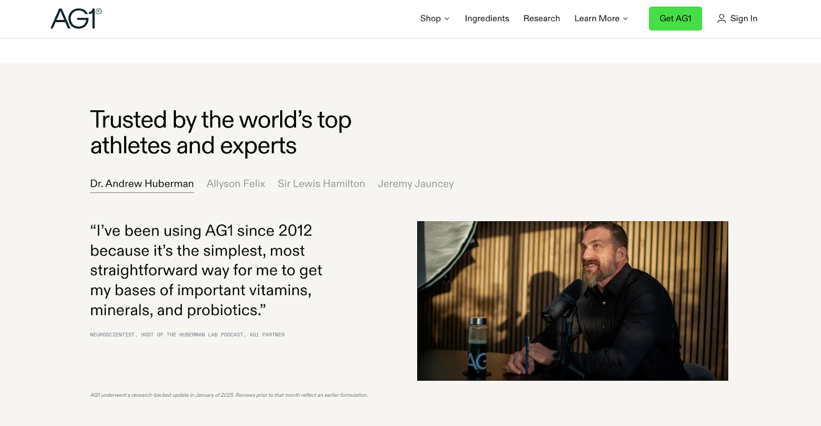 AG1 Website featuring Andrew Huberman