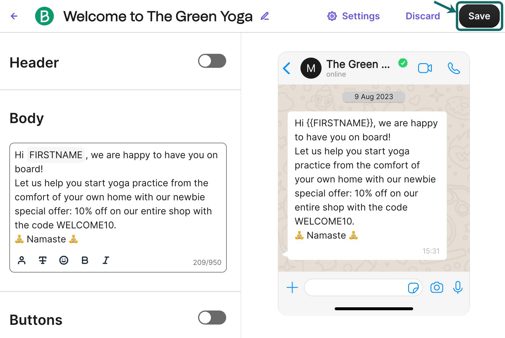 Campaign management Brevo WhatsApp template