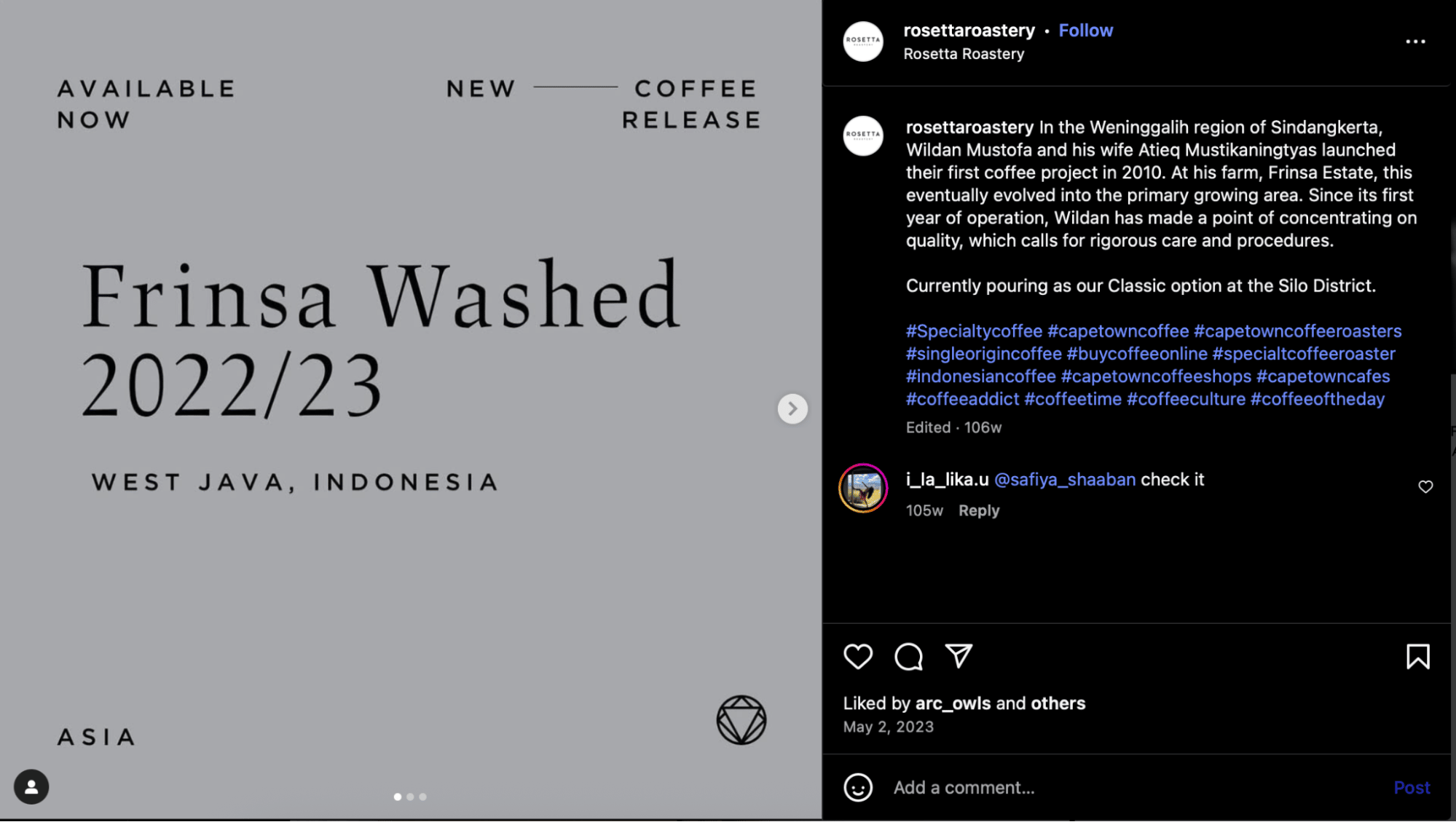 Reputation management Rosetta Roastery Instagram