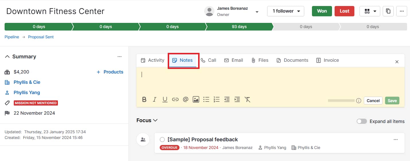knowledge management software Pipedrive deal notes