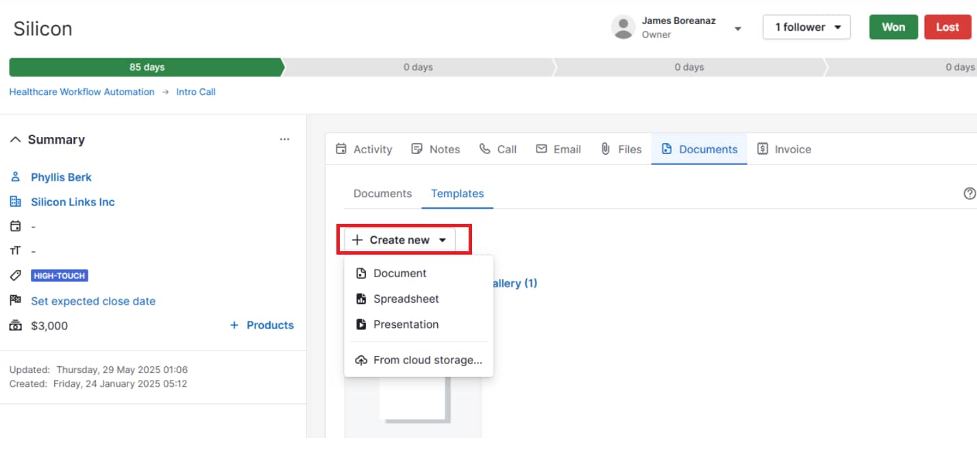 knowledge management software pipedrive create template