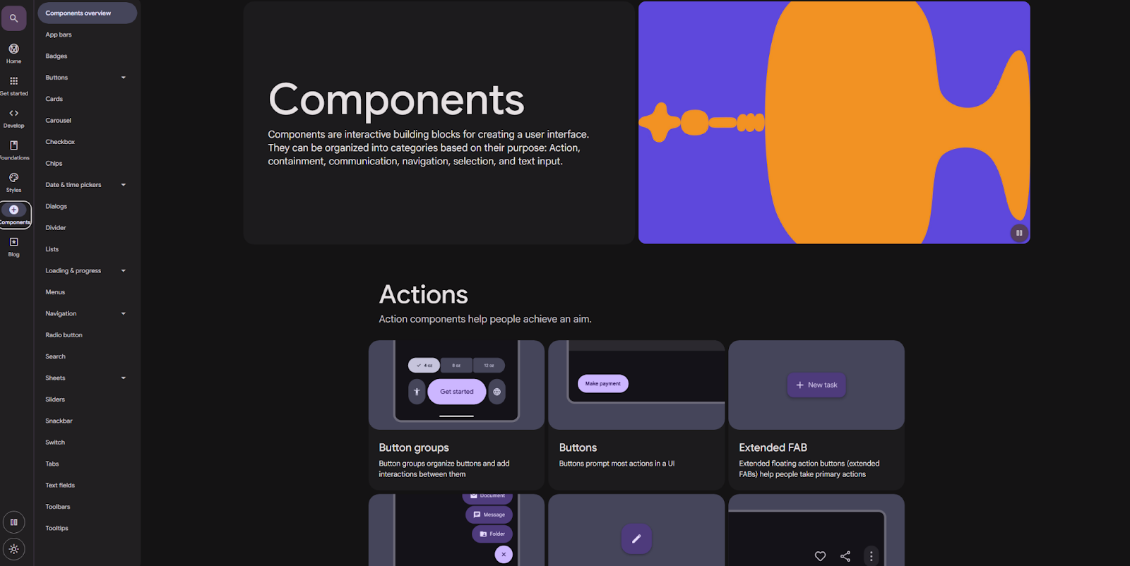 A screenshot of Google’s Material Design system showcasing a section for UI components.
