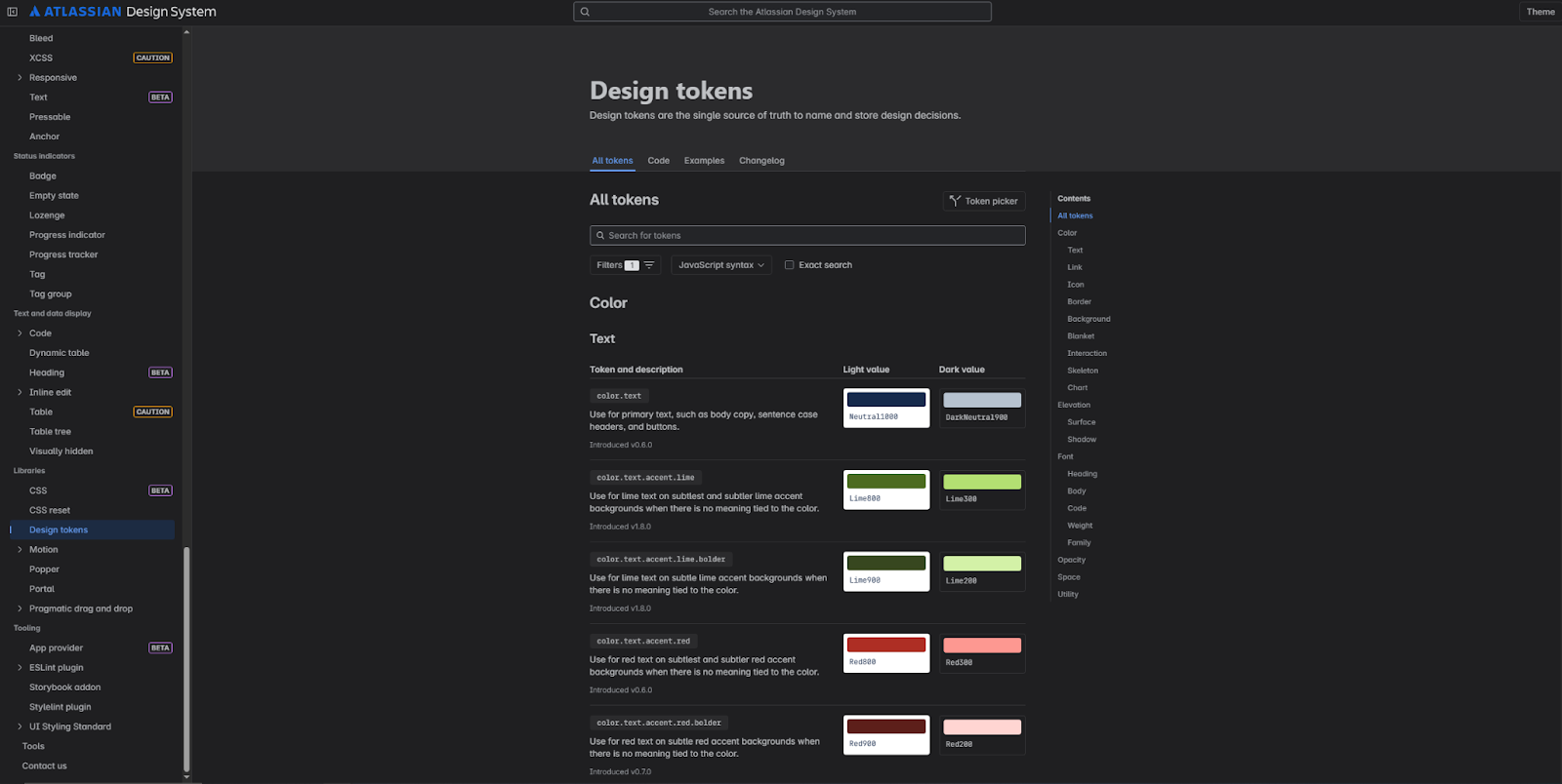 A screenshot of the Atlassian Design System showcasing a section for all of their design tokens.