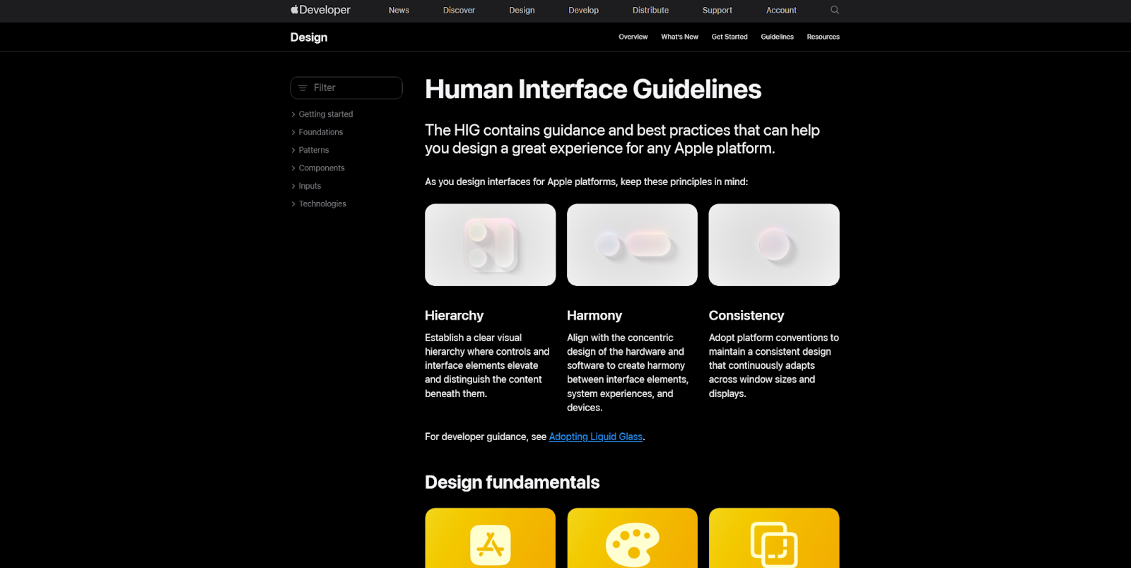 Apple’s Human Interface Guidelines page begins with definitions of three design principles: Hierarchy, Harmony, and Consistency.