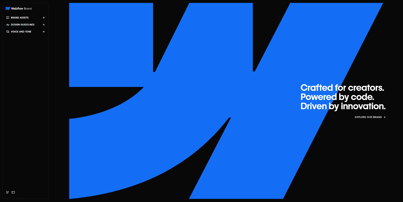 The Webflow brand homepage begins with the headline, “Crafted for creators. Powered by code. Driven by innovation.”