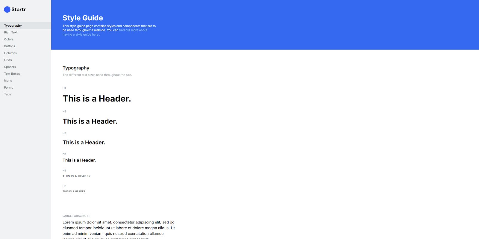 The Startr Style Guide begins with a list of typography styles.