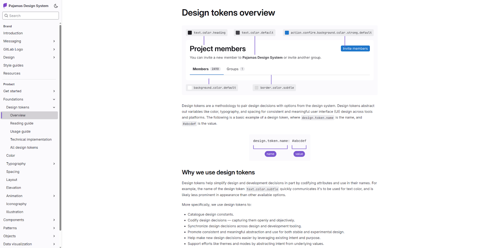 A screenshot of GitLab’s Pajamas Design System showcasing a section describing how to use their design tokens.