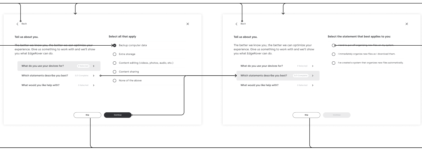 Two screens from an onboarding user flow for EdgeRover, with several lines connecting interface options.