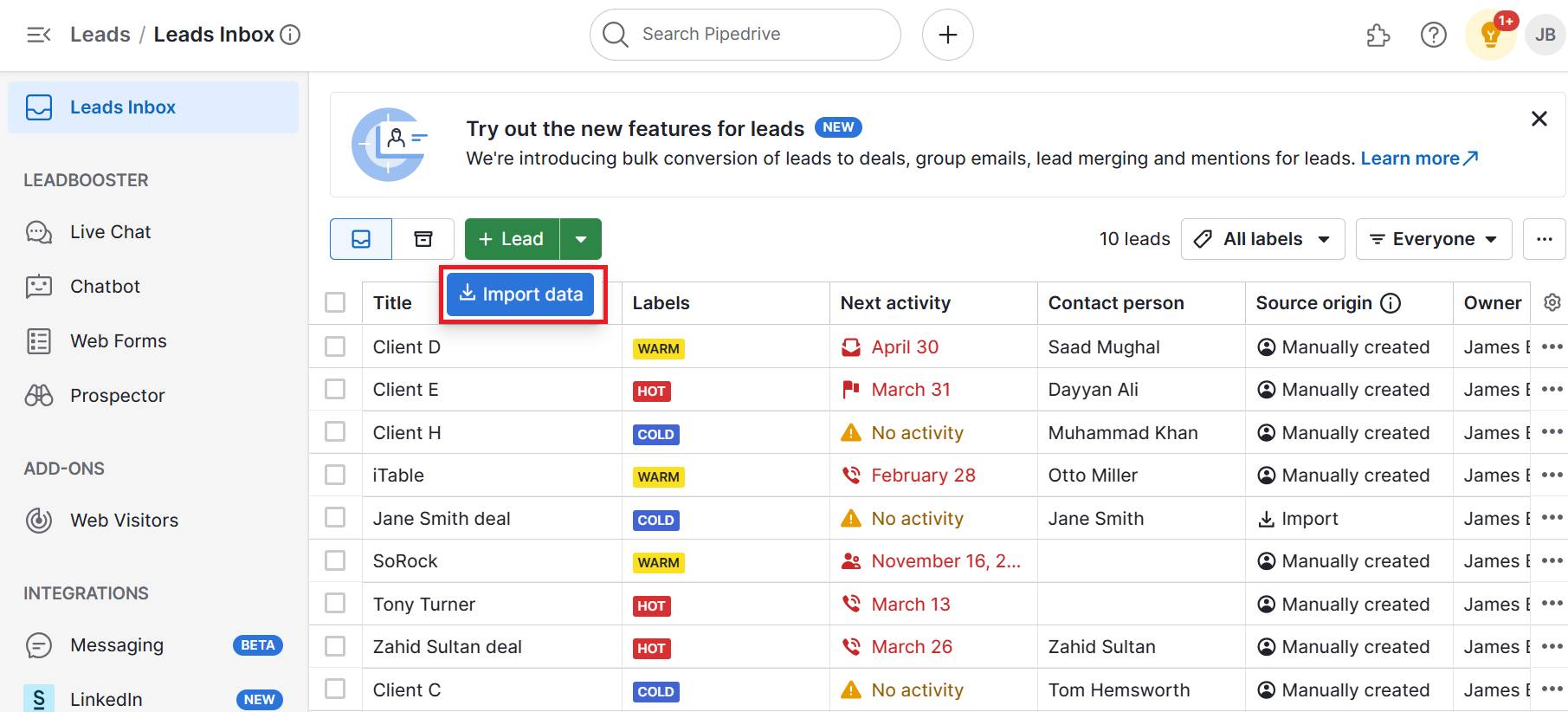Audience Profile Leads Inbox Pipedrive