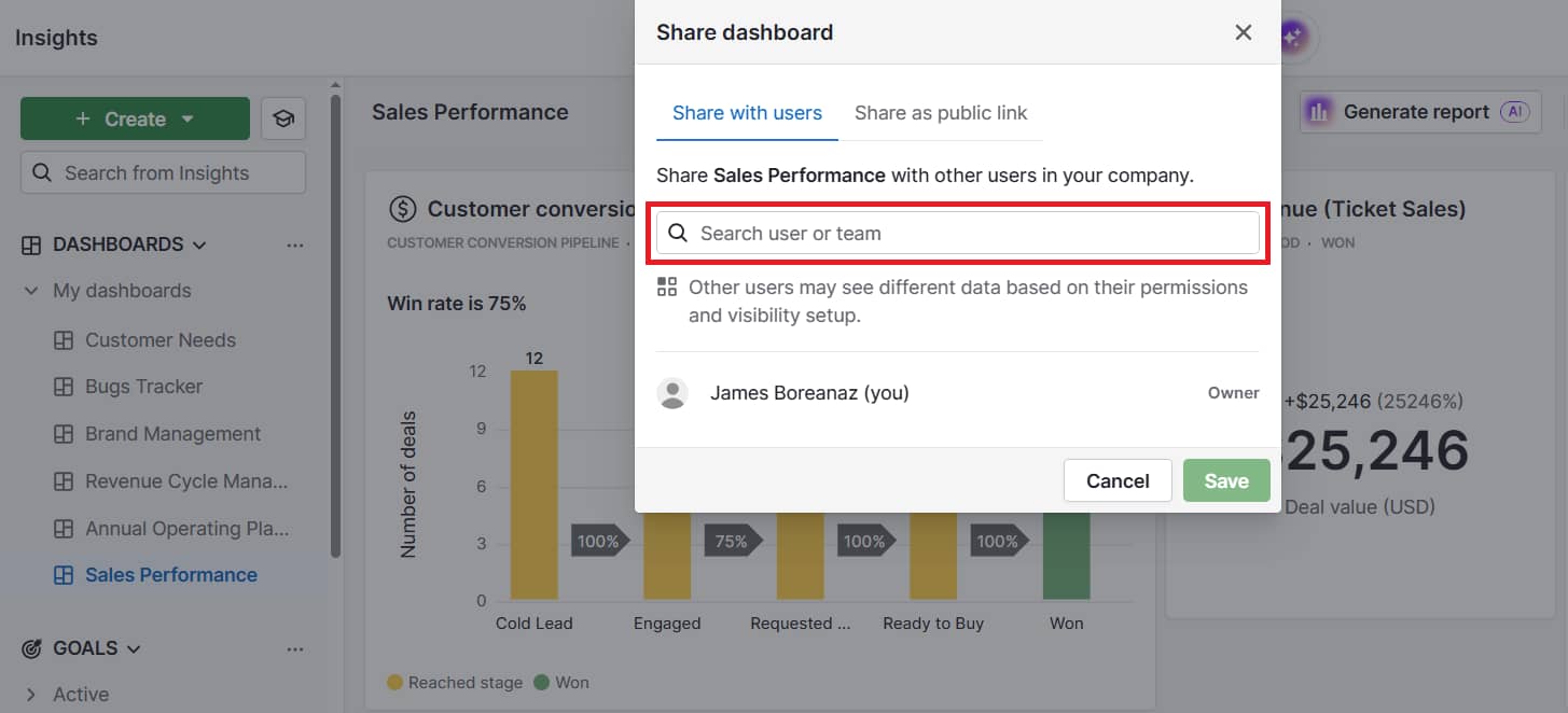 Corporate social network Pipedrive Insights dashboard sharing