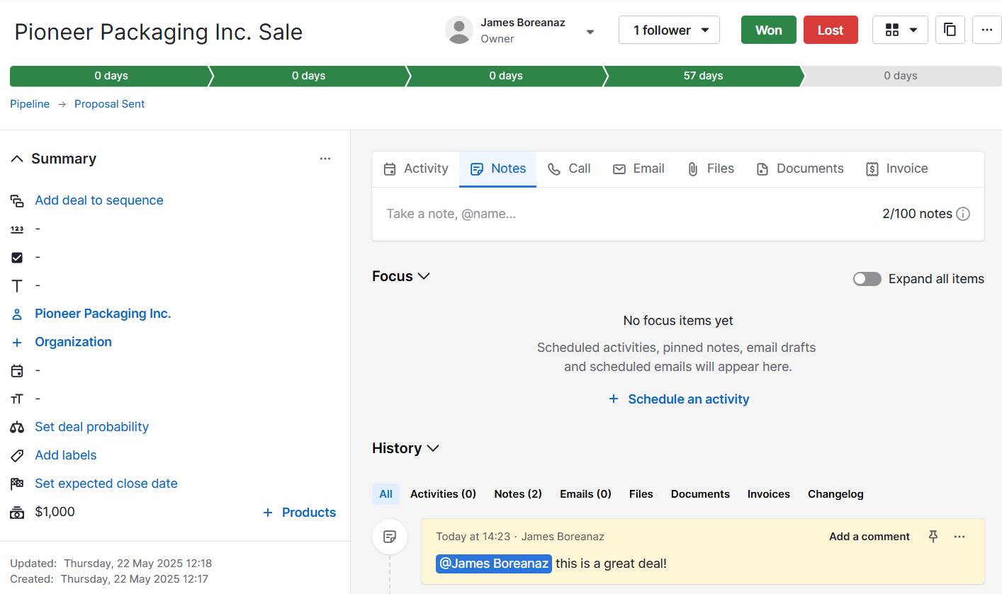 Corporate social network Pipedrive deal mentions