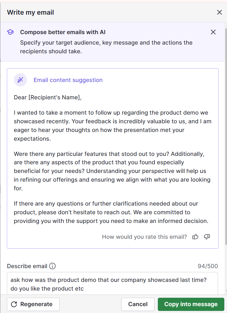 Customer conversion Pipedrive AI email writer
