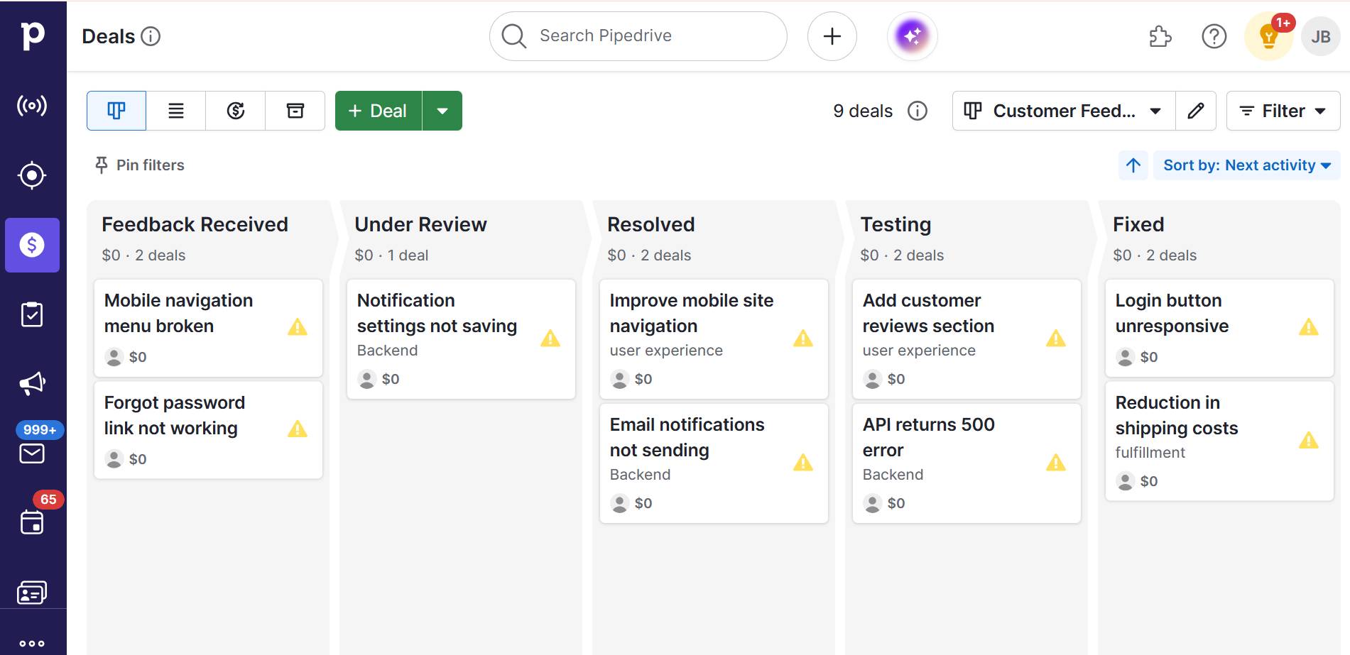Customer satisfaction Pipedrive feedback pipeline
