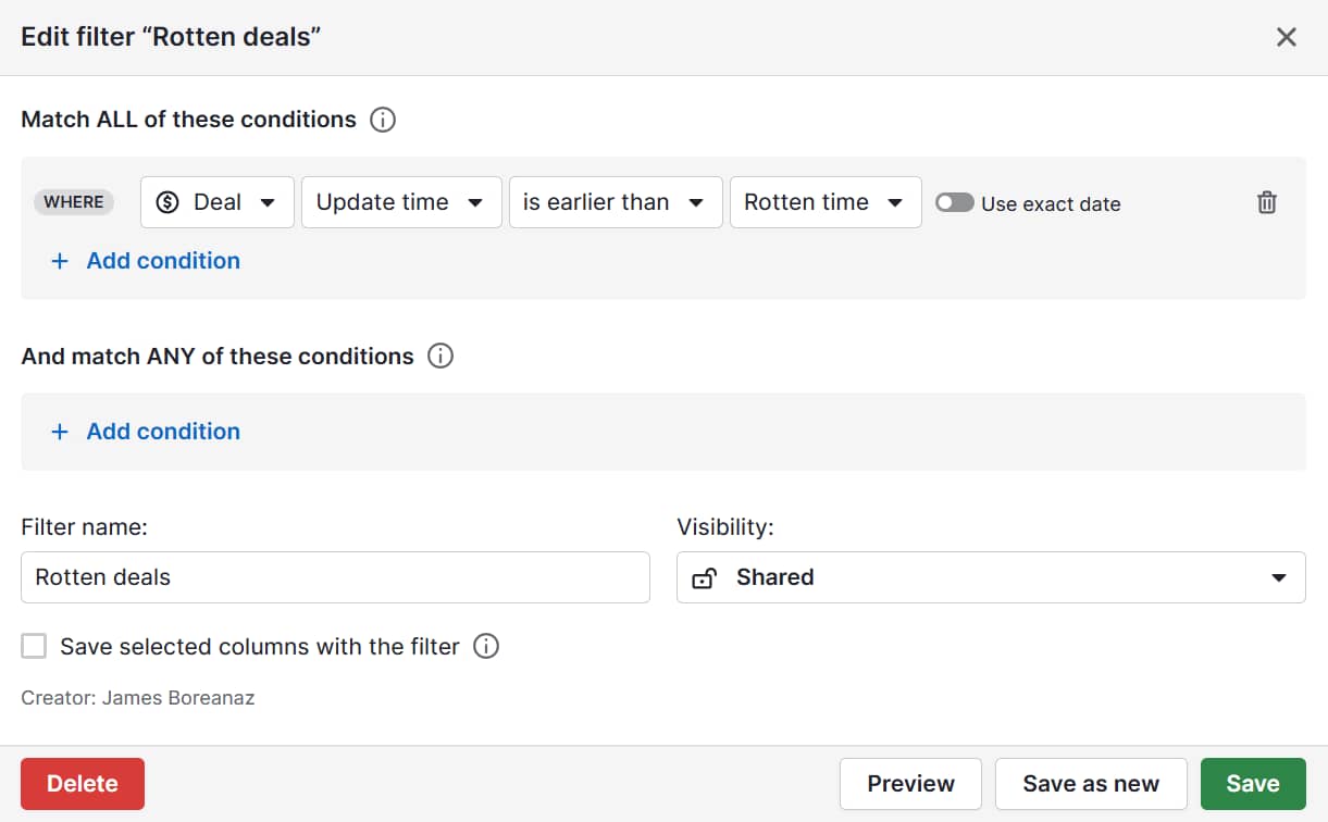 Re-engagement email Pipedrive rotten deals filter